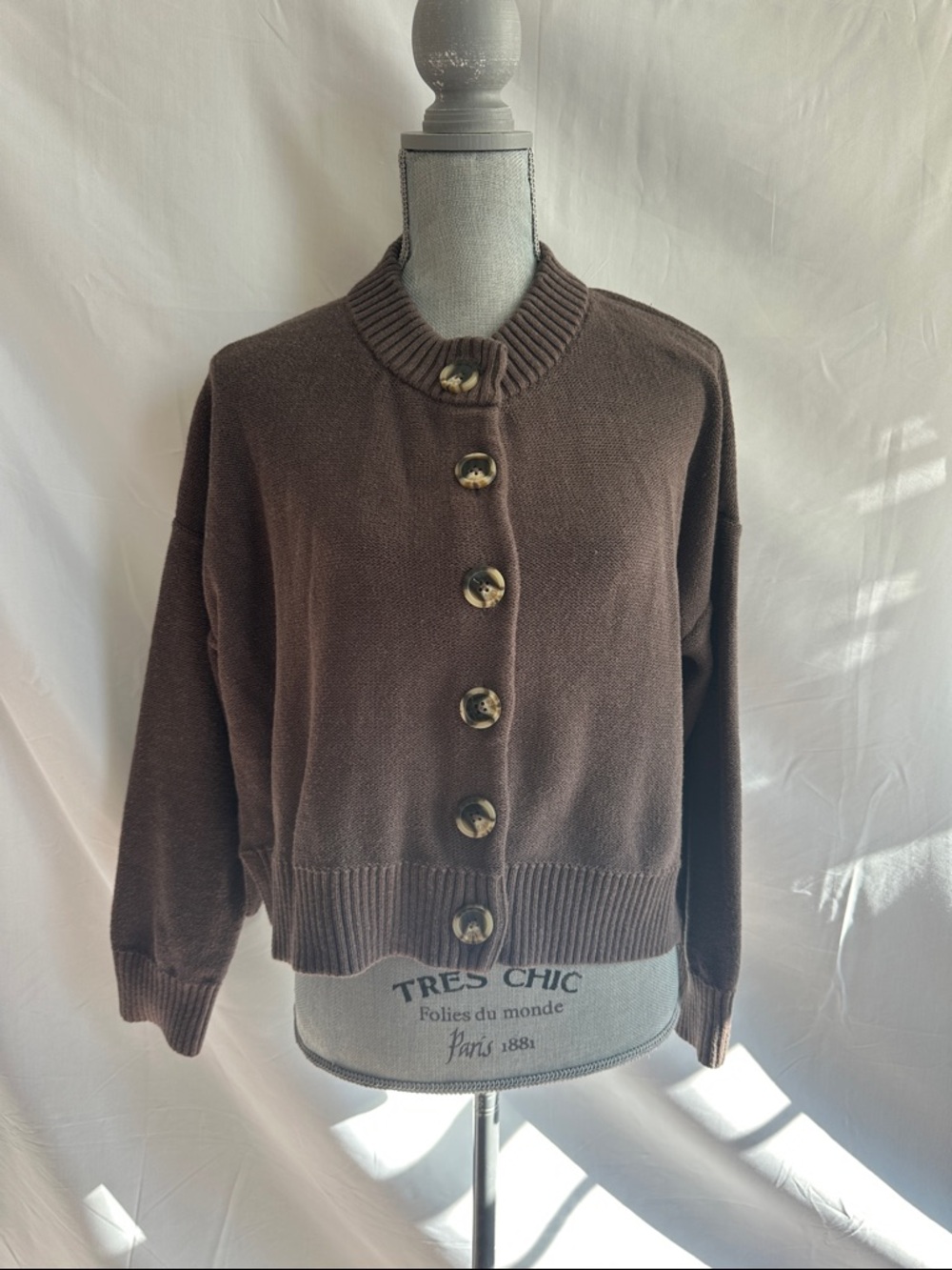 Quince Brown Button-Front Knit Cropped Cardigan